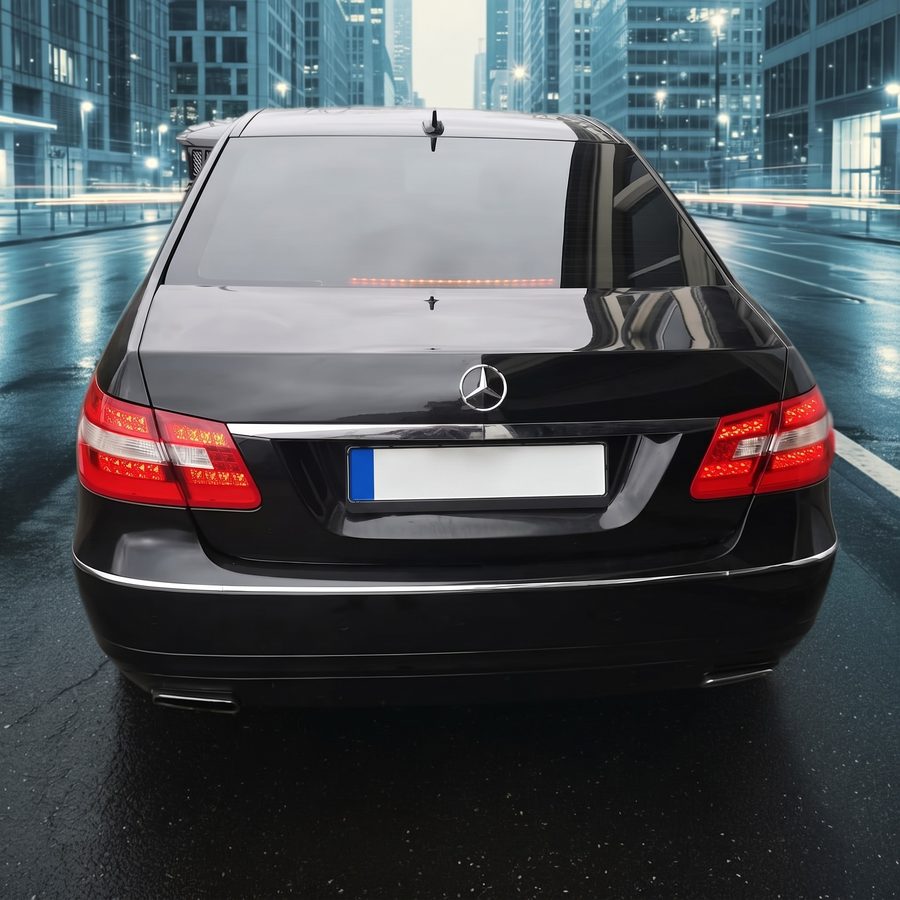 Schwarze Mercedes E-Klasse von hinten mit getönter Heckscheibe auf einer nassen Straße in der Stadt