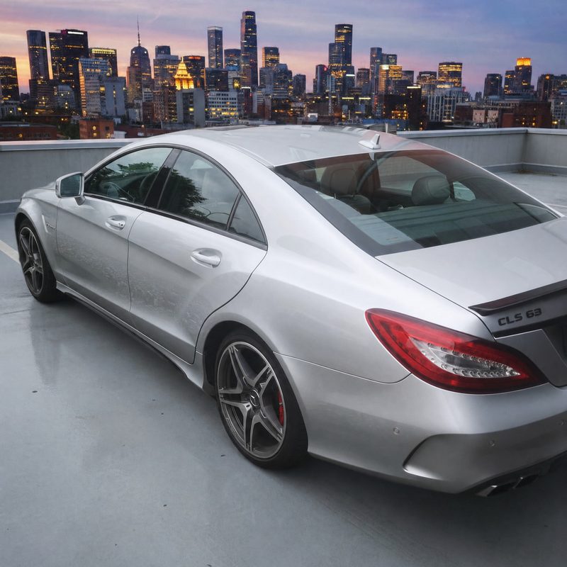 Silberner Mercedes CLS von hinten seitlich auf einem Parkdeck, Scheiben mit 70 % Lichtdurchlass